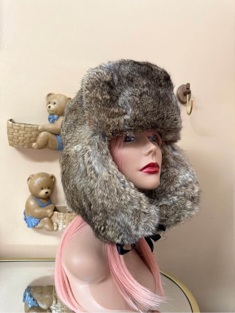 Alaska Rabbit Fur Trapper Hat  silver Brown